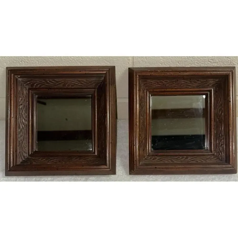 Set Of 2 Vtg Solid Wood Carved Ornate Detailed frame Mirror Wall Mount 8x8x2